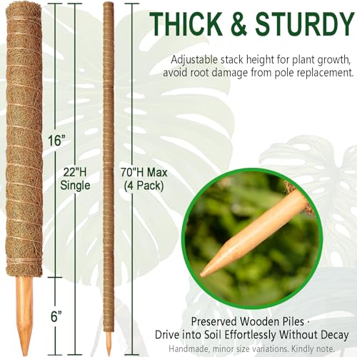 4 Pack 22 Inch Stackable Moss Pole - Thick & Sturdy Natural Coir Totem Plant Support & Garden Stakes for Monstera & Pothos, Indoor Climbing Vining Houseplants, 70" H Max