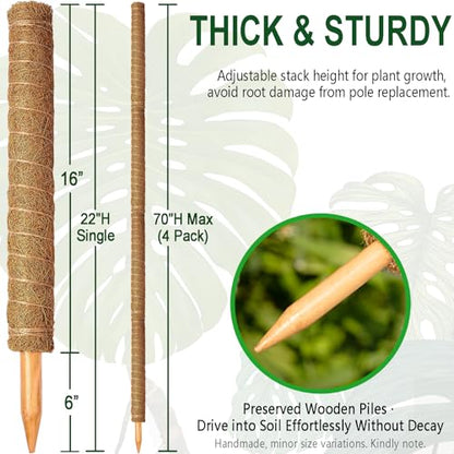 4 Pack 22 Inch Stackable Moss Pole - Thick & Sturdy Natural Coir Totem Plant Support & Garden Stakes for Monstera & Pothos, Indoor Climbing Vining Houseplants, 70" H Max
