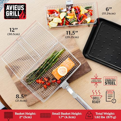 AVIEUS GRILL Grill Baskets for Outdoor Grill | 2 Grilling Baskets with Detachable Handle | Barbecue Grill Set with BBQ Gloves | Portable Camping Net Rack Perfect for Vegetables, Seafood & Meat