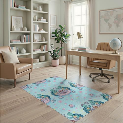 4'x6' Washable Kawaii Turtle Accent Rug, Teal Non-Shedding Small Carpet for Playroom, Bedroom, Reading Nook, Pet Friendly & Kids Safe Play Mat | Ref:1955471 - color: Blue/Pattern 1, size: 4' x 6' (Rectangular)