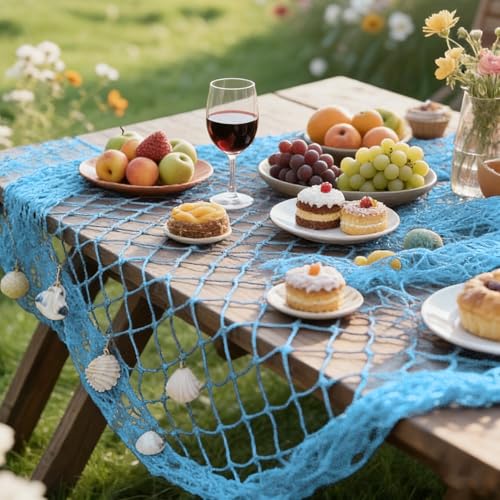 ITEFDTUTNE Natural Fishing Net Decor with Shells, Soft Cotton Rope Ocean Themed Mesh Wall Hanging Fish Net Decoration for Home Wedding Birthday Party Beach (Blue)