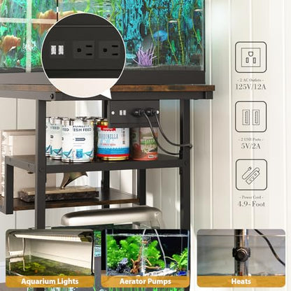 20-29 Gallon Fish Tank Stand with Power Outlet, Metal U Shaped Aquarium Stand with Storage Shelves, Heavy Duty Terrarium Rack for Home Office, 31.5" L x 15.7" W x 29.4" H, Rustic Brown