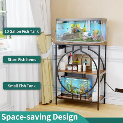 10 Gallon Aquarium Stand with Power Outlet, 3 Tier Heavy Duty Metal Fish Tank Stand with Storage, Fish Tank Table for Home Office, 21.3" x 11.8" x 29", Rustic Brown - size: 10 Gallon