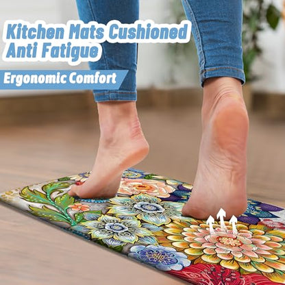 Boho Floral Kitchen Rugs Mats for Floor 2 Piece Memory Foam Padded Kitchen Mats Anti Fatigue Non Slip Cushioned Comfort Standing Mat, 17.3x28+17.3x47 Inch