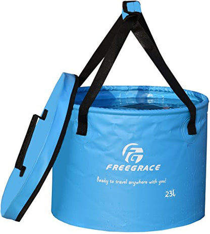 Freegrace Collapsible Bucket with Mesh Tool Pocket - 10L, 16L & 23L Portable Folding Water Container - Heavy Duty 500D Tarpaulin, BPA-Free Wash Basin for Camping, Fishing, RV, and Car Washing