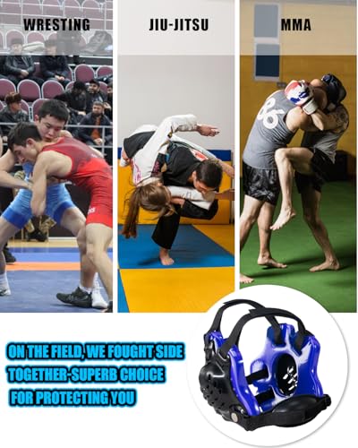 Wrestling Headgear, Youth Wrestling Head Gear with Chin Cup, Sorf Ear Guard for MMA, Jiu-Jitsu (for Users Age 10+) - color: Blue