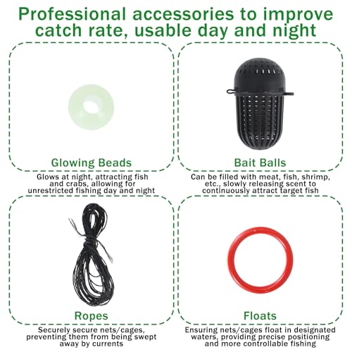 2PCS Fishing Bait Trap and 2 PCS Foldable Fishing Net Lobster Shrimp Collapsible Cast Net Nylon Minnow Trap with Rope Drop Net for Pier Fishing Portable Folded Fishing Accessories