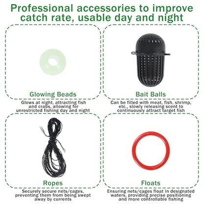 2PCS Fishing Bait Trap and 2 PCS Foldable Fishing Net Lobster Shrimp Collapsible Cast Net Nylon Minnow Trap with Rope Drop Net for Pier Fishing Portable Folded Fishing Accessories