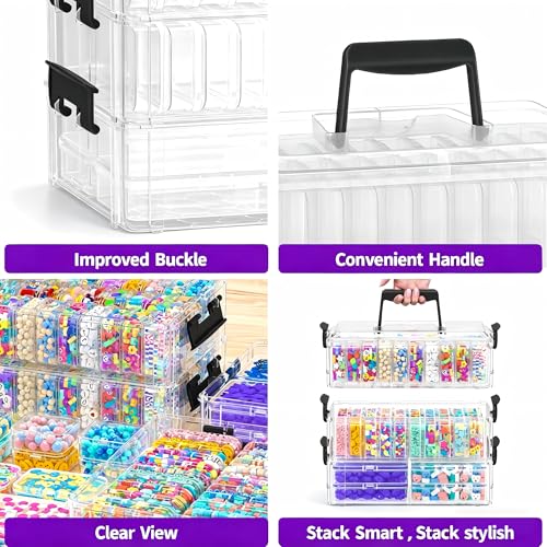 Bead Organizer Box 58 Pcs, 3-Tier Stackable Storage Box, and 3 Different Container Sizes Small Plastic Containers with Lids, Portability, Clear Organizers for Jewelry DIY Craft Storage