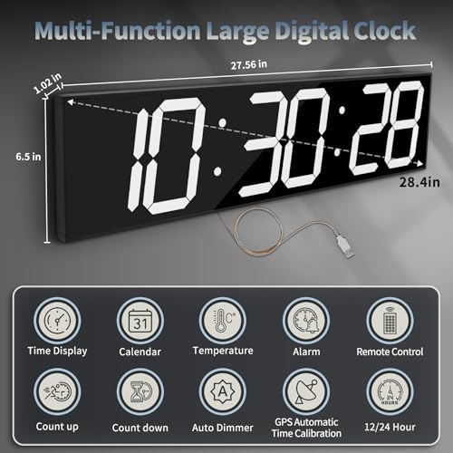 CHKOSDA 28.4'Large Digital Wall Clock,Automic Digital Clock with Alarm,Clendar and Termperature,Auto Time Sync with Easy Operation, Big Timer with Countdown and Countup (White) - color: White