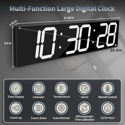 CHKOSDA 28.4'Large Digital Wall Clock,Automic Digital Clock with Alarm,Clendar and Termperature,Auto Time Sync with Easy Operation, Big Timer with Countdown and Countup (White) - color: White