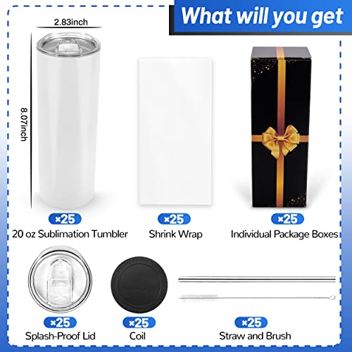 Joyclub 25 Pack 20 oz Sublimation Tumblers Bulk Sublimation Blanks for Heat Transfer Double Wall Insulated Straight SkinnyTumbler with Individually Gift Box and Shrink Wrap Film - color: White 25 Pack