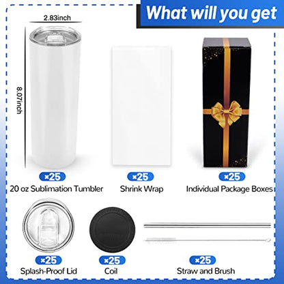 Joyclub 25 Pack 20 oz Sublimation Tumblers Bulk Sublimation Blanks for Heat Transfer Double Wall Insulated Straight SkinnyTumbler with Individually Gift Box and Shrink Wrap Film - color: White 25 Pack