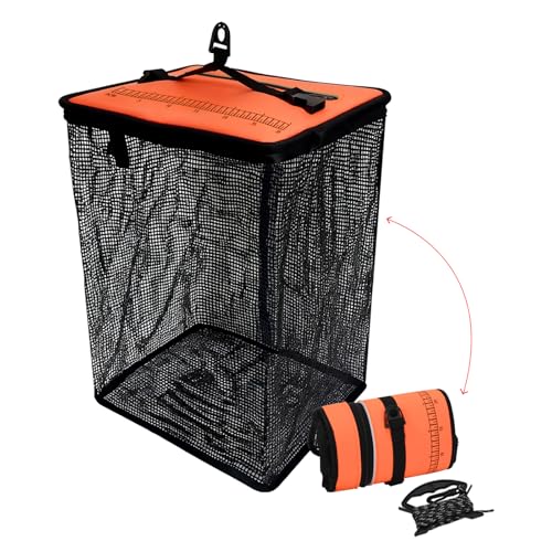 Orange Floating Fish Basket for Live Caught, 10 Gallons Foldable Fishing Holder for Pier, Kayak, Boat Fishing, Large Fishing Bait Storage