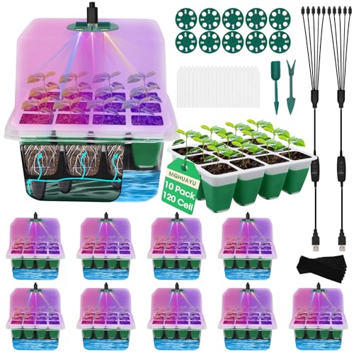 Self Watering Seed Starter Tray with Grow Light, 10-Pack 120-Cell Reusable Seed Starter Kit with Soft Silicone, Plant Germination Trays with Humidity Dome for Seeding Planting Growing