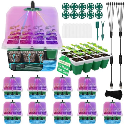 Self Watering Seed Starter Tray with Grow Light, 10-Pack 120-Cell Reusable Seed Starter Kit with Soft Silicone, Plant Germination Trays with Humidity Dome for Seeding Planting Growing