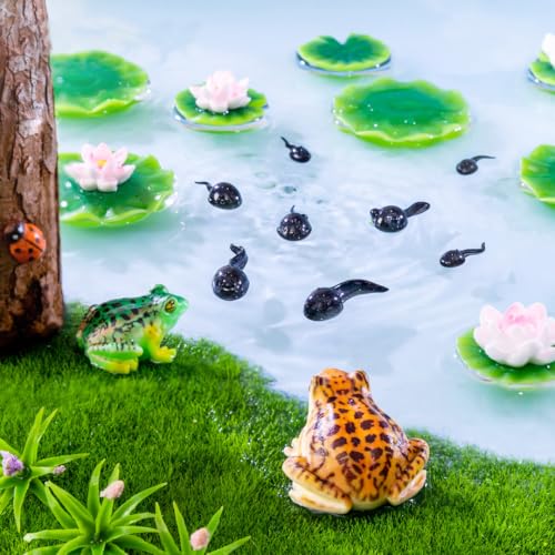 29Pcs Mini Artificial Pond Accessories Miniature Frog Tadpole Lotus and Water Lily Pad Figurines Resin Tiny Cake Toppers Decor for DIY Fairy Garden Bonsai Moss Landscape Aquarium Crafts