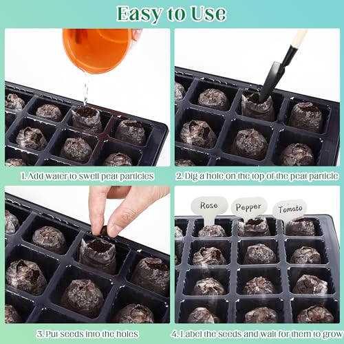 4 Sets Seed Starter Tray Kit Germination Starter Tray with Humidity Dome and Base Include 100 Peat Pellets 100 Plant Labels Garden Tools Plastic Plant Growing Trays for Greenhouse Garden, Black