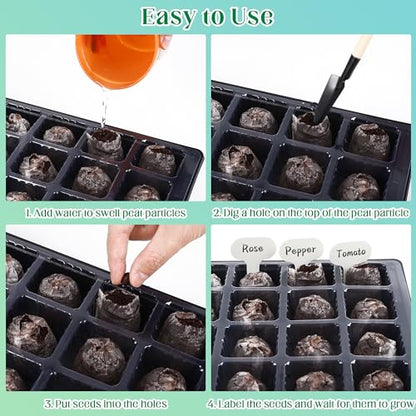 4 Sets Seed Starter Tray Kit Germination Starter Tray with Humidity Dome and Base Include 100 Peat Pellets 100 Plant Labels Garden Tools Plastic Plant Growing Trays for Greenhouse Garden, Black