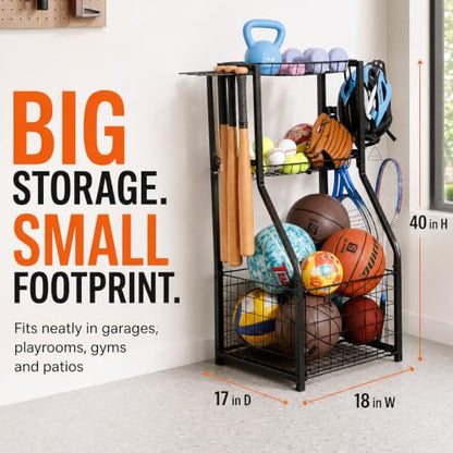 YueTong Garage Sports Organizer with Ball Rack, Bat Holder and 4 Hooks - color: Black – Fixed Feet