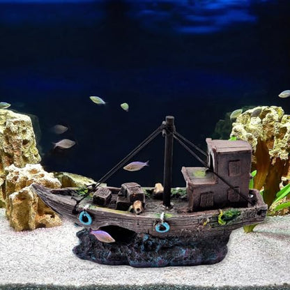 Aquarium Shipwreck Decor Fish Tank Sunken Ship Ornament Pirate Shipwreck Decoration Resin Sunken Boat Betta Fish Sunken Ships Accessories for Freshwater Saltwater Tanks, Dark Brown - style: Sunken ship (A)