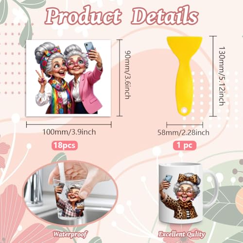 Peacoblue 18 Sheets Rub on Transfers for Crafts, Funny Grandma Selfie 3.6"x3.9" UV DTF Cup Wraps Waterproof Cold Transfers Stickers for Wood Glass Metal Cup Tumblers Mirrors Mugs Home Decor - style: Funny Grandma Selfie