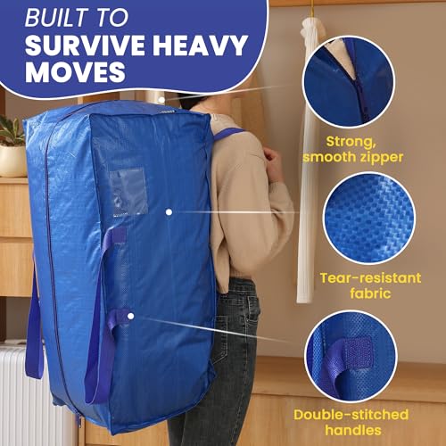 Extra Large Moving Bags - 8-Pack Heavy Duty Storage Duffel - Sturdy Backpack Straps Handles, Zippers - Reusable Moving Storage Bags for Clothes - Folding Collapsible Storage Tote Bag Set – Blue