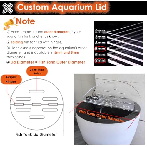 Cat-Proof Acrylic Lid for Round Aquarium, Cuttable Anti-Jump Fish Tank Top Cover with Hole & Hinges, Folding Flip-Top Design, Durable & Easy to Install - size: 25.5in/64.8cm