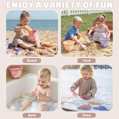 3 Pack Beach Toys Set for Kids Toddlers Girls, Collapsible Sand Buckets with Beach Molds and Mesh Bag, Sandbox Travel Toys Beach Vacation Essentials, Camping Gear, Fishing (Purple/Pink/Yellow) - color: Purple/Pink/Yellow