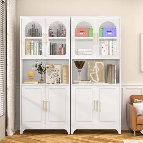 Metal Kitchen Pantry Storage Cabinet，75" Tall Storage Cabinets with 4 Doors and Adjustable Shelves ，White Hutch Cabinet with Microwave Stand,Large Kitchen Cupboard for Dining Room