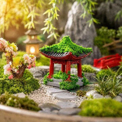 8 pcs Chinese Pavilion Pagoda with Glass Micro Landscape Dollhouse Decoration Japanese Miniature Pagoda Statue Tabletop Fairy Garden Decoration