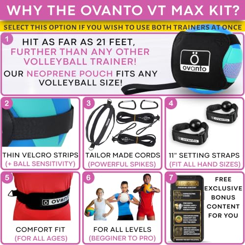 OVANTO Volleyball Training Equipment Kit | Adjustable Practice Hitting Rebounder, Ultra-Stretch Neoprene, Exclusive Elastic Cords, Premium Content - color: VT Pro + Spike MAX