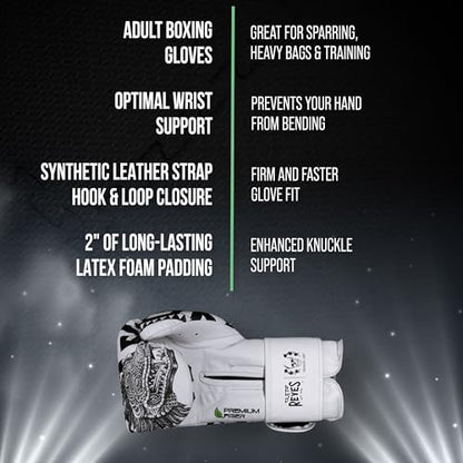 CLETO REYES Training Boxing Gloves for Men and Women with Hook and Loop Closure, Premium Synthetic Leather, MMA, Kickboxing, Muay Thai - color: Aztec Calendar White, size: 16oz.