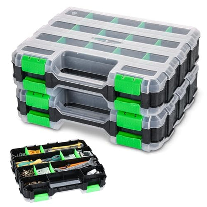 Tool Box with Transparent Lid, 2 Pack Hardware Organizer Box, Double Side 34 Compartments Hardware Organizers with Removable Plastic Dividers for Screws Nuts Nails Bolts, Small Parts Box