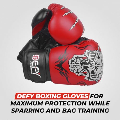 Defy Sports Boxing Gloves for Men and Women - Premium Quality Faux Leather Kick Boxing Gloves – Gel Infused Kickboxing Gloves with Thumb Support - Versatile Usage – Skull Model Design - size: 14 oz