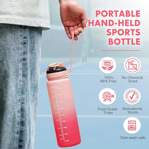Water Bottle with Straw 1L,Boys Water Bottles with Straw 1 Litre,Waterbottle Leak-Proof Sports Water Bottle,Plastic Drinks Bottles Toxin Free，Bpa-Free (Pink) - color: 03-Pink