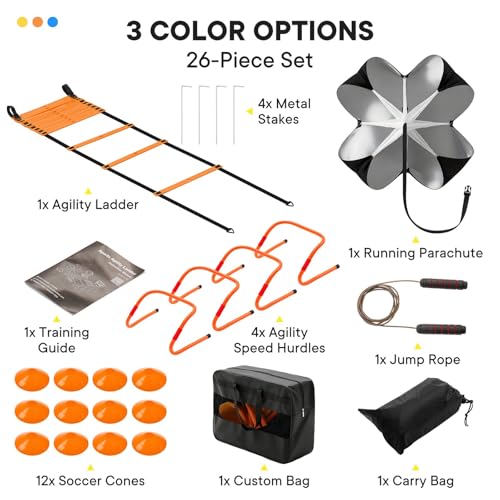 Agility Ladder Training Set, 20ft Speed Ladder with 4 Hurdles, Jump Rope, 12 Soccer Cones & Running Parachute, All-in-One Agility Speed Training Equipment for Soccer, Football, Basketball - color: blue