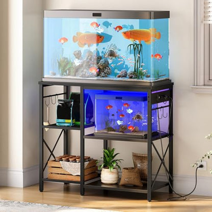 HOOBRO Fish Tank Stand with Power Outlet and LED Light, 20-29-37 Gallon Aquarium Stand with Storage Shelves, 30.7" L x 13.8" W, Reptile Tank Stand with Stable Metal Frame, Black BK80UDFT01G1