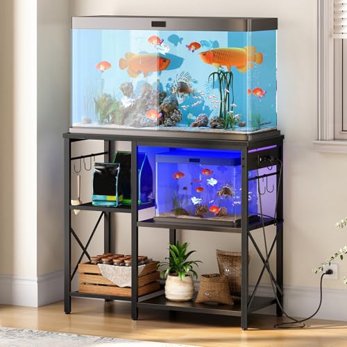 HOOBRO Fish Tank Stand with Power Outlet and LED Light, 20-29-37 Gallon Aquarium Stand with Storage Shelves, 30.7" L x 13.8" W, Reptile Tank Stand with Stable Metal Frame, Black BK80UDFT01G1
