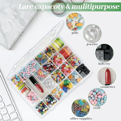 24 Grids Plastic Organizer Box with Removable Dividers Clear Multi Compartment Storage Container Small Crafts Organizer Box for Beads Jewelry Tackles Nail Charm Button Sticker (1Pcs)