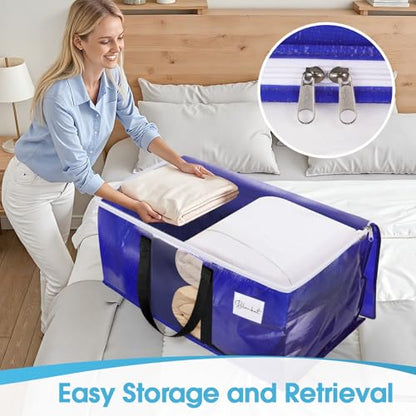 BlissTotes 4 Pack Moving Bags with Clear Window, Storage Bags with Strong Carrying Handles & Zippers,Large Packing Bags for Saving Space, Alternative to Moving Boxes(Blue,20 Gallon)