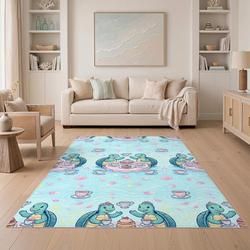5'x7' Washable Flatwoven Rug, Teal Watercolor Cherry Blossom Stain Resistant Area Rug for Guest Room, Lounge, Apartment, Non-Slip Low Profile Floor Covering | Ref:1955471 - color: Blue/Pattern 1, size: 5' x 7' (Rectangular)