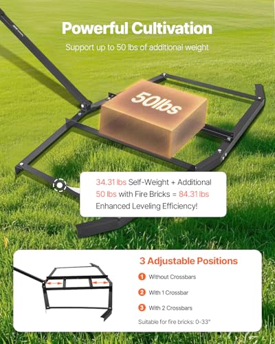 VEVOR Drag Harrow, 74" Width Tow Behind Drag Harrow, Q235 Steel Driveway Grader with Adjustable Bars & Pin Hitch, Support up to 50 lbs, Tractor Driveway Harrow for ATVs, UTVs, Garden Lawn Tractors