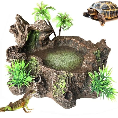 Reptile Water Dish, Snake Water Bowl, Resin Turtle Basking Platform with Artificial Plants, Crested Gecko Tank Accessories for Bearded Dragon, Hermit Crab, Snake (Smooth)