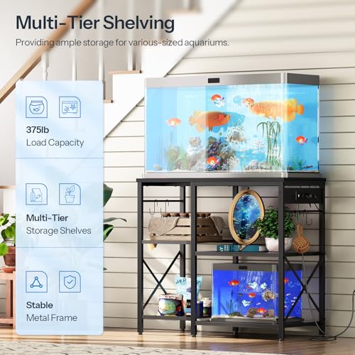 HOOBRO Fish Tank Stand with Power Outlet and LED Light, 20-29-37 Gallon Aquarium Stand with Storage Shelves, 30.7" L x 13.8" W, Reptile Tank Stand with Stable Metal Frame, Black BK80UDFT01G1