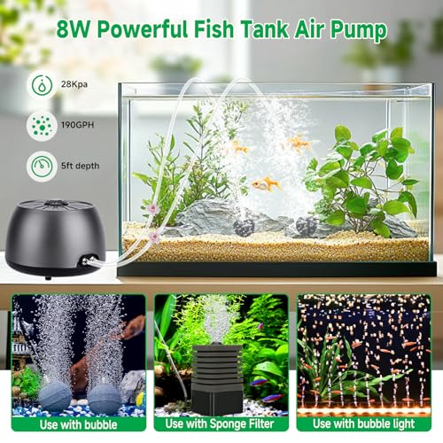 hygger Quiet Adjustable Aquarium Air Pump, 5W/8W Dual Output Fish Tank Air Pump, Energy-Saving Oxygen Aerator with Air Stone Bubbler for Fish Tank, Hydroponic