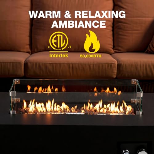 42-inch Outdoor Propane Gas Fire Pit Table 50000 BTU Iron Rectangle Firepit for Outside Patio with Tank Hidden Table, Wind Guard, Removable Lid, Lave Rocks, Waterproof Cover, Balck - size: 42"D