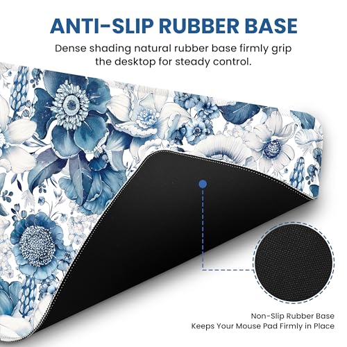 Large Mouse Pad for Desktop, Cute Desk Mat Pad Protector for Work & Gaming, Aesthetic Pretty Anti-Slip Laptop Blotter Cover for Office School Home Supplies, Blue Floral, 31.5" x 11.8"