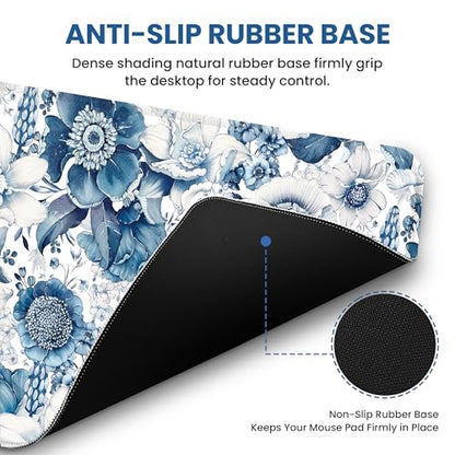 Large Mouse Pad for Desktop, Cute Desk Mat Pad Protector for Work & Gaming, Aesthetic Pretty Anti-Slip Laptop Blotter Cover for Office School Home Supplies, Blue Floral, 31.5" x 11.8"