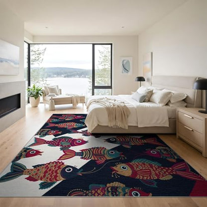 9'x12' Washable Graphic Fish Oversized Rug, Teal Non-Shedding Pet Friendly Carpet Foldable Easy Care Mat for Master Suite, California King, Under Bed | Ref:1885695